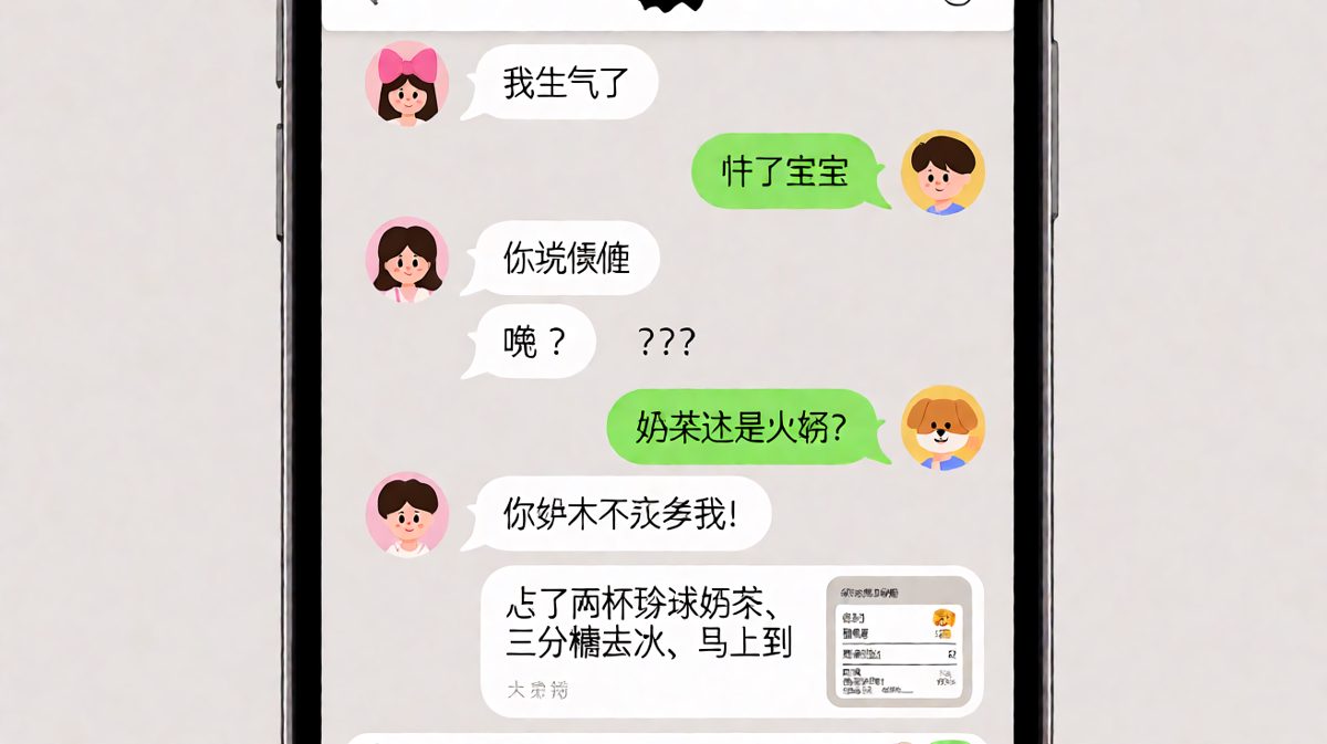 女生假装生气，男生用一杯奶茶精准拿捏。