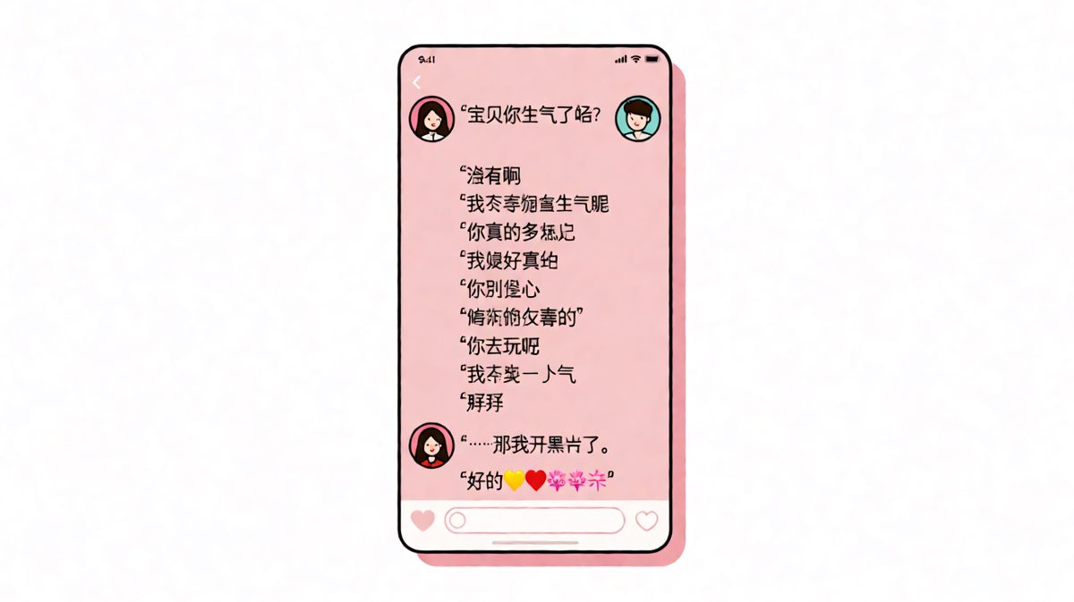 九条消息全是'没生气'，翻译过来就是'快哄我'。