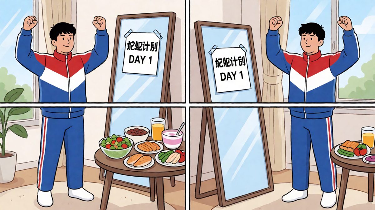 雄心壮志，立志开启减肥计划的第一天。