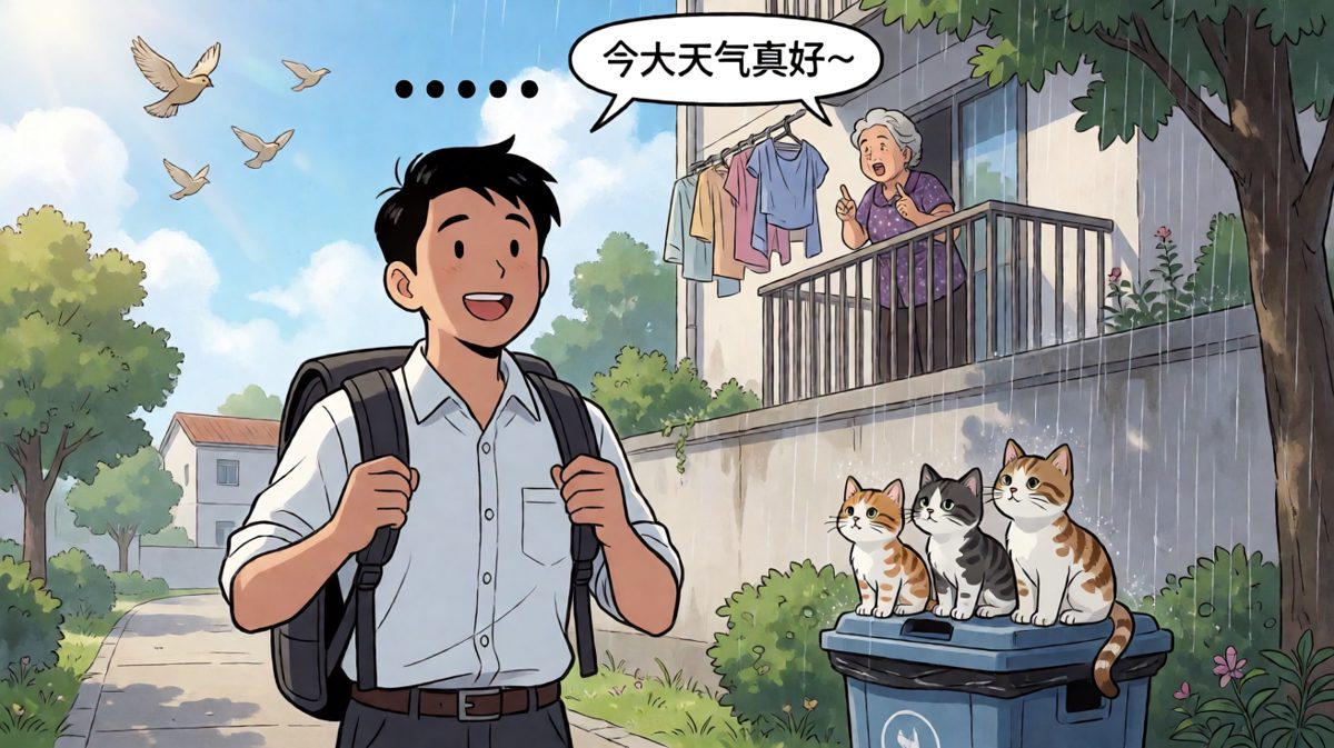 刚出门就遇到下雨，理想与现实的反差