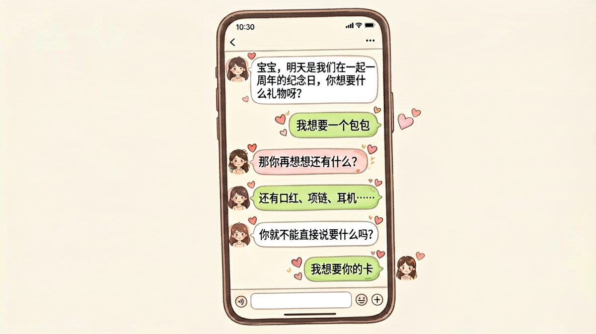男生以为要礼物清单，结果终极答案是一句'要你的卡'