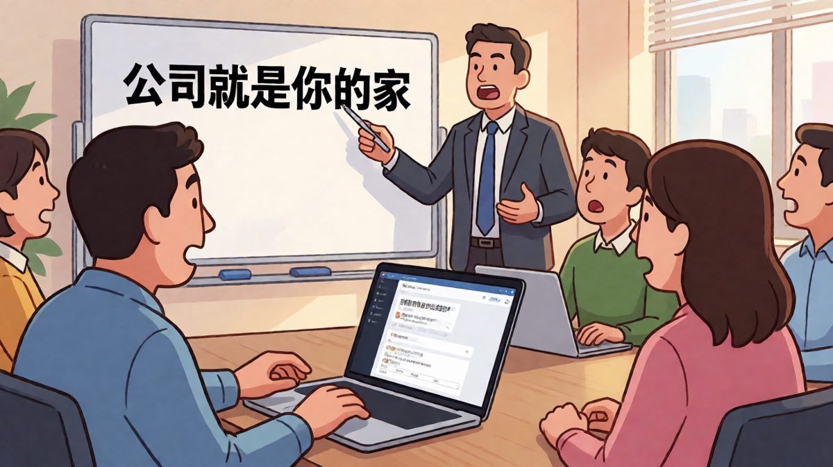 老板：把公司当自家。员工掏出手机：那我先挂个中介看看房租。
