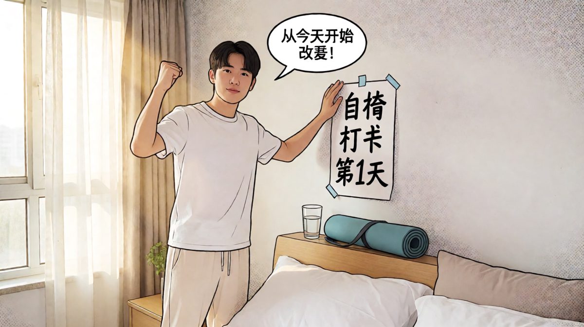第一天早上，打工人立下雄心壮志要自律打卡。