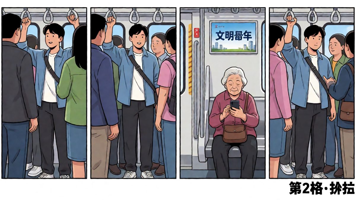 阿强被挤到中间仍双脚离地悬空，对面老太太刷视频形成残酷对比。