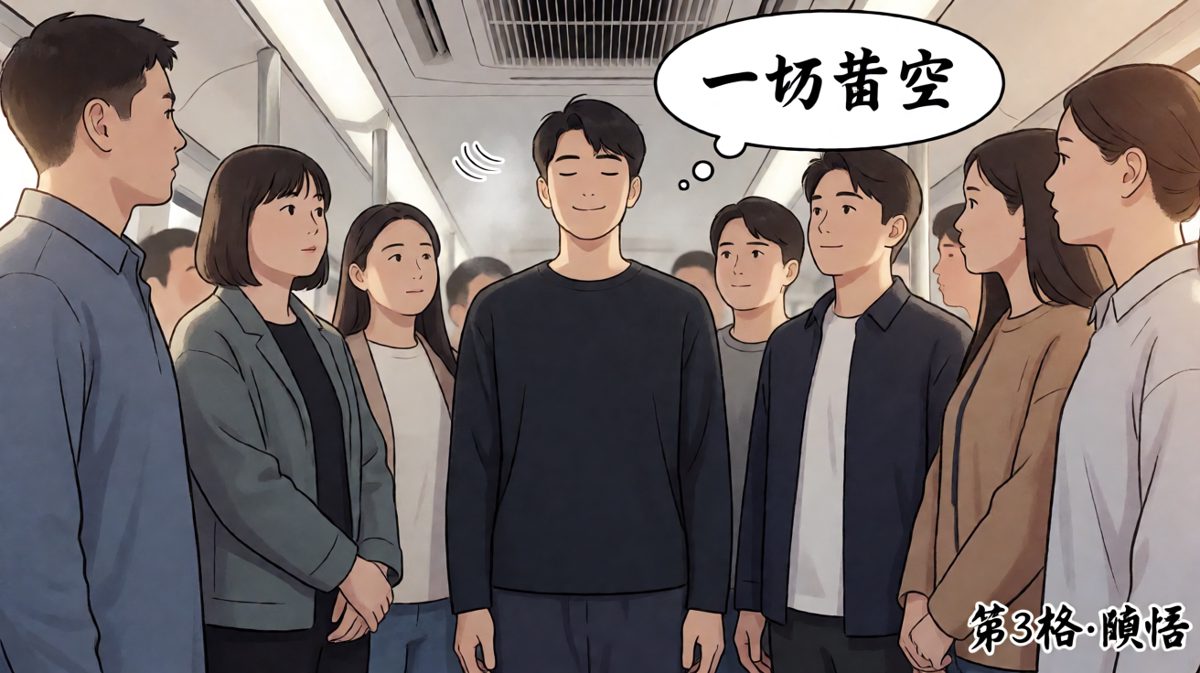 阿强闭眼进入禅定，脸上露出诡异微笑，头顶浮现「一切皆空」气泡对话框。