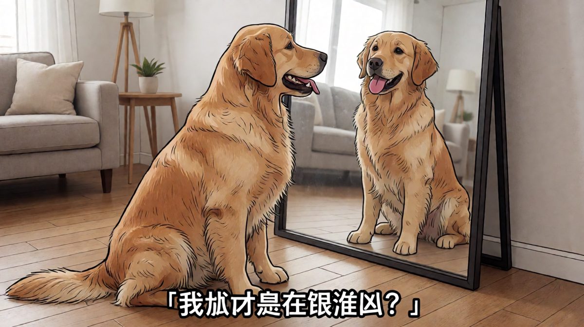 金毛对着镜子凶了半天，回过神来发现对手是自己。