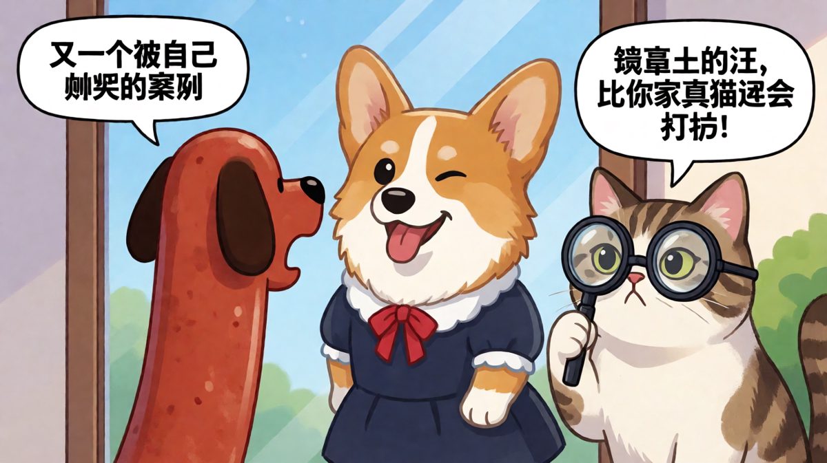 「腊肠镜前震惊：镜子里的自己居然是穿裙子的柯基！」