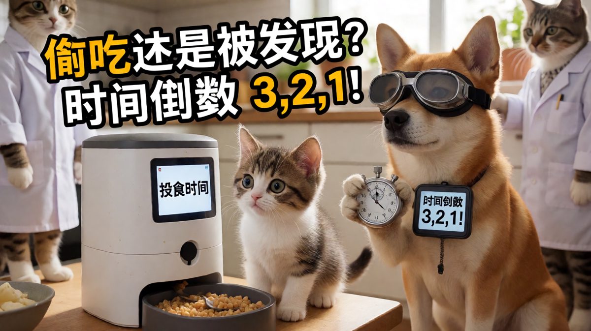 「小猫站喂食器前纠结：偷吃还是被发现？时间倒数！」