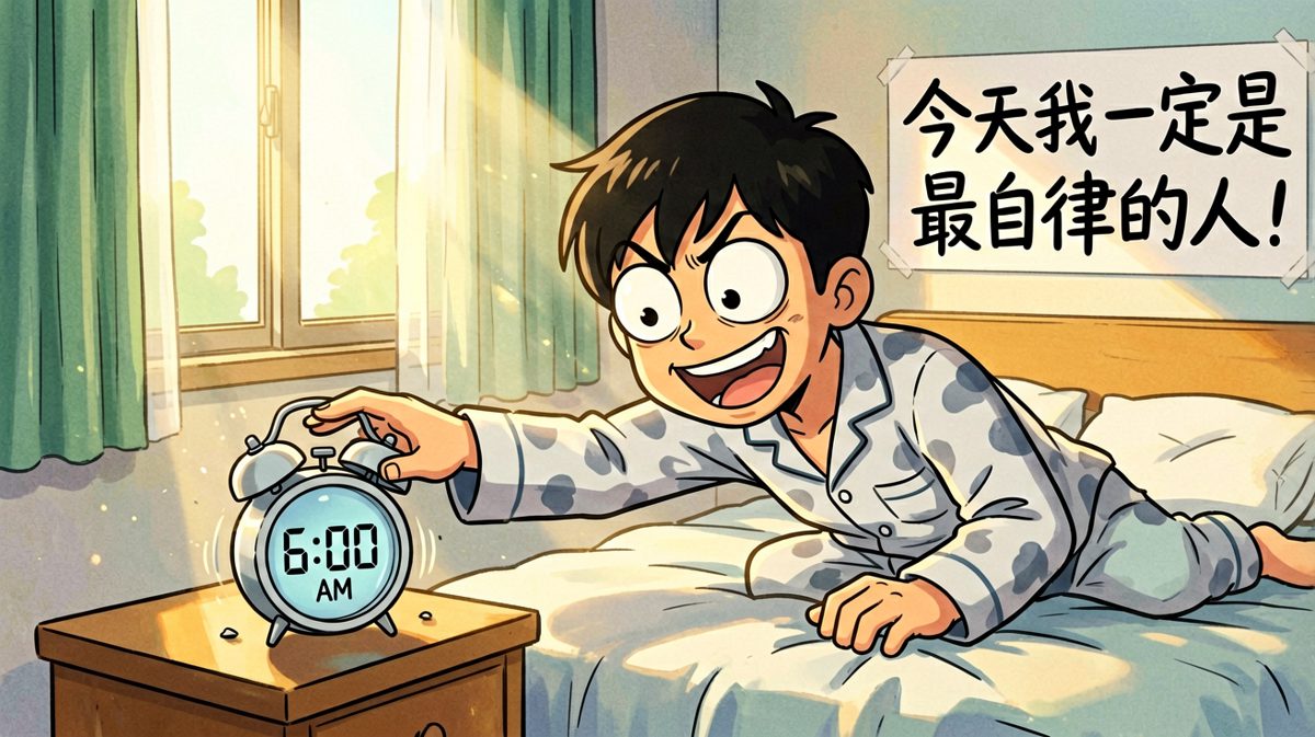 闹钟响起，打工人信心满满地关掉闹钟，立志做最自律的人。