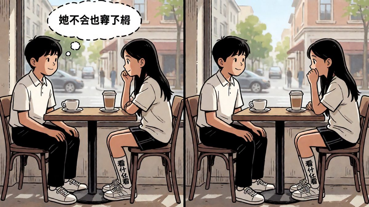 女生也穿着同款丑袜子，两人对视瞬间，空气凝固
