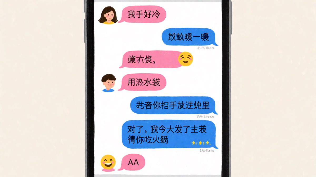 女生撒娇手冷，男生从体贴到AA制，反差大到崩溃