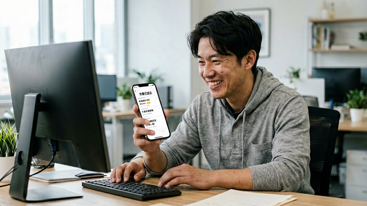 第1格：饿到头晕的打工人收到外卖送达通知，眼睛放光