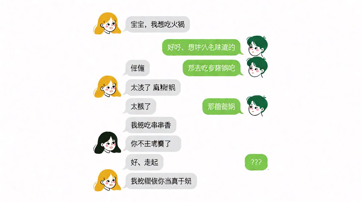 男生认真执行「随便」指令，最终被「随便你当真干嘛」暴击。