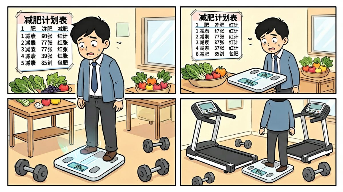 主角被体重秤上的数字吓到跳脚