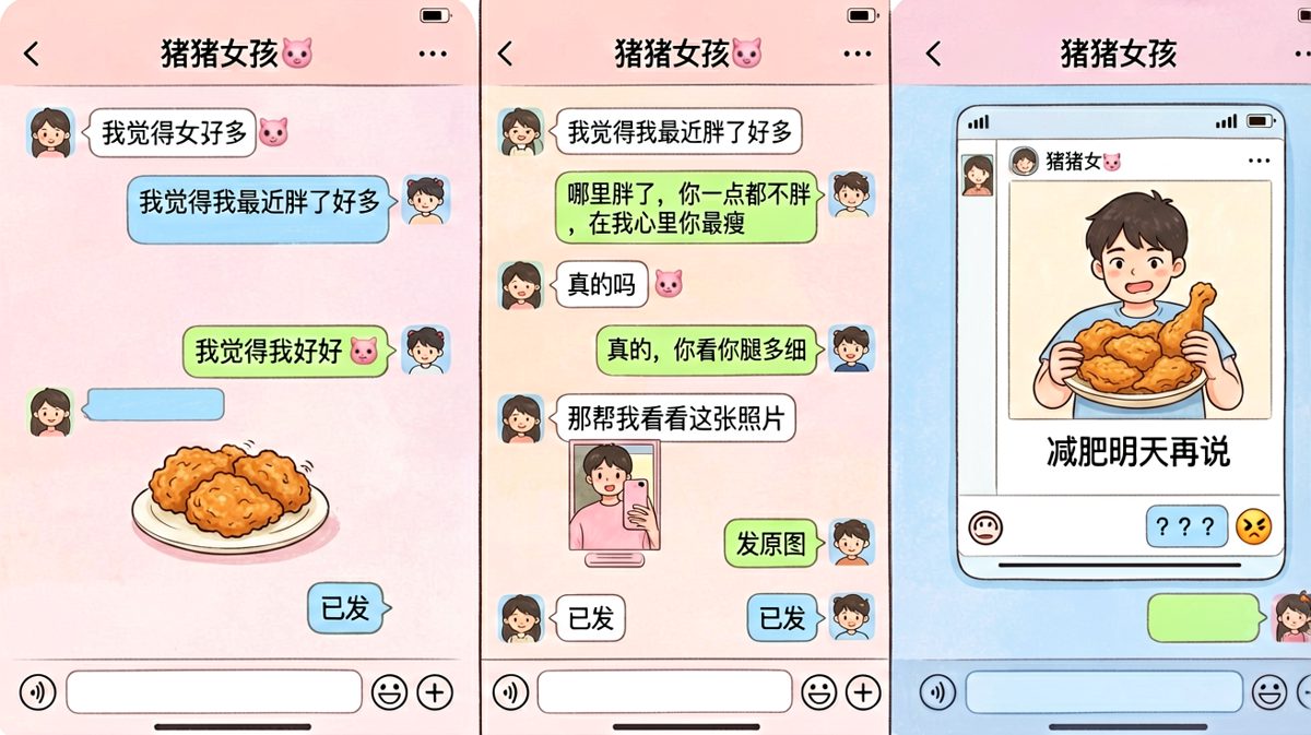 嘴上夸女友瘦，手上却发了吃炸鸡的朋友圈，翻车现场。