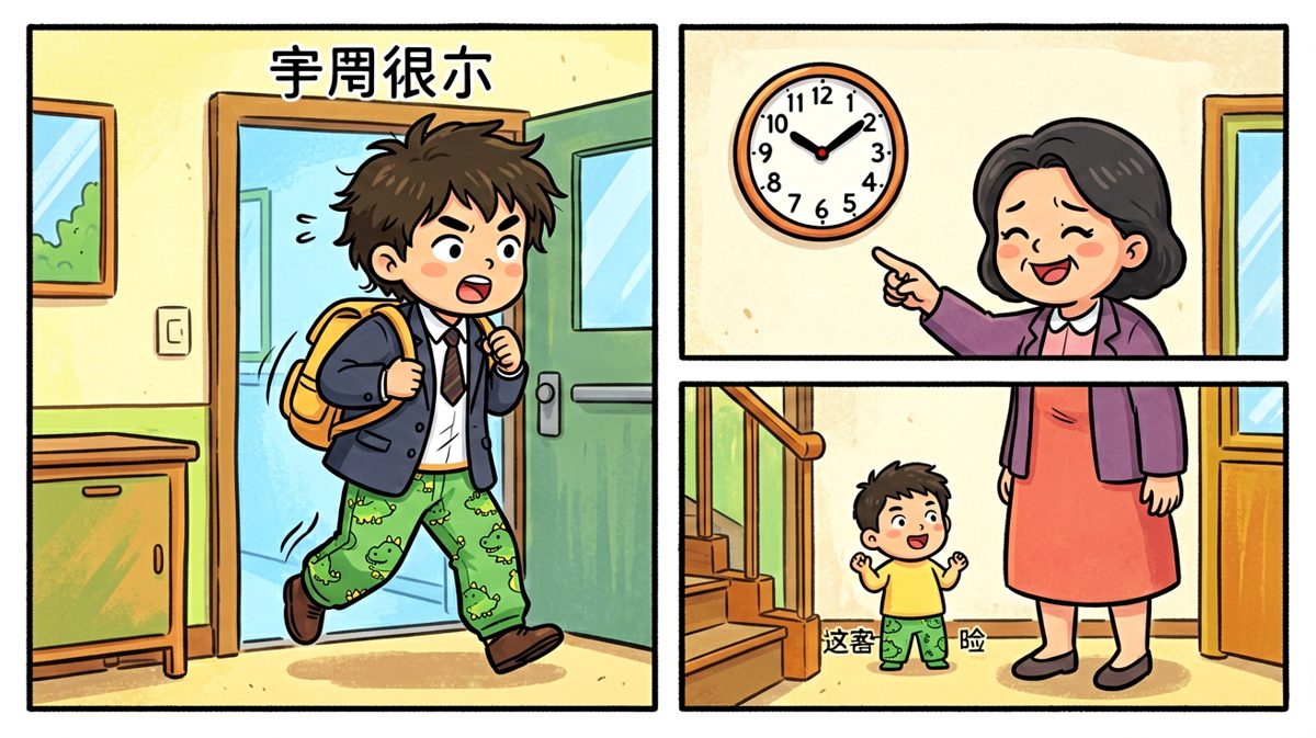 第三格：刚逃出门就被邻居大妈截胡聊天。