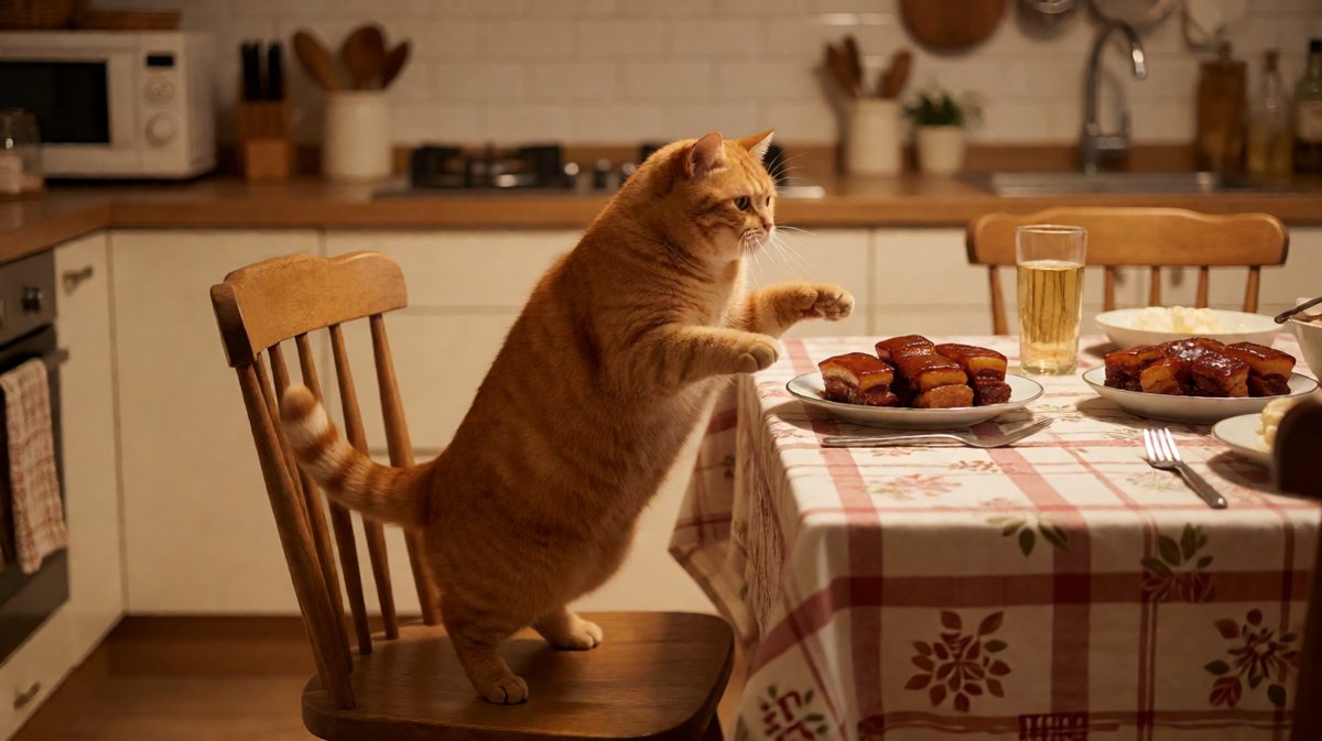 猫生最困难的时刻：目标是红烧肉，过程是摔个四脚朝天