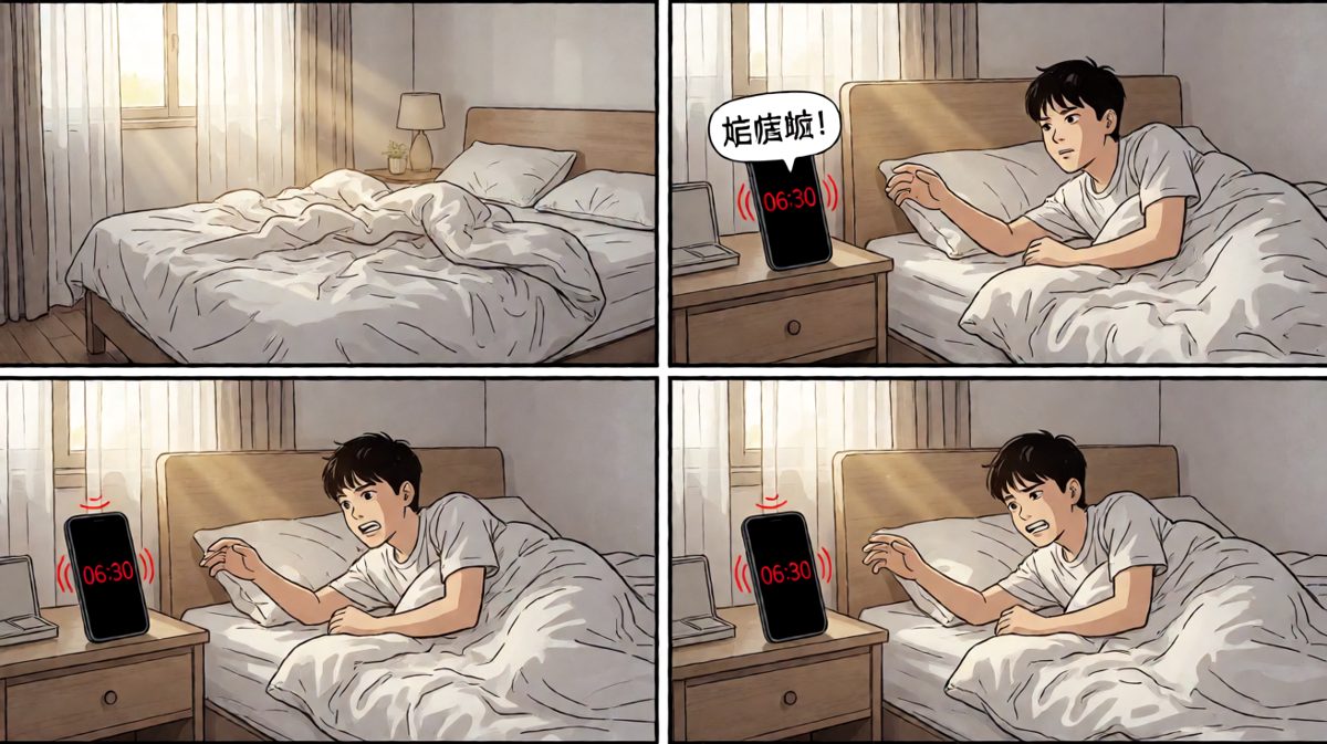 闹钟响起，主人公挣扎着与睡意搏斗