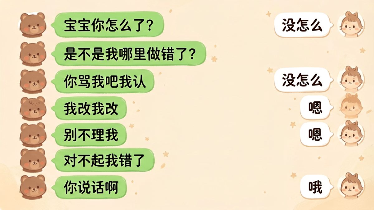 男生以为女生生气了疯狂道歉，结果女生只是在跟闺蜜吐槽他