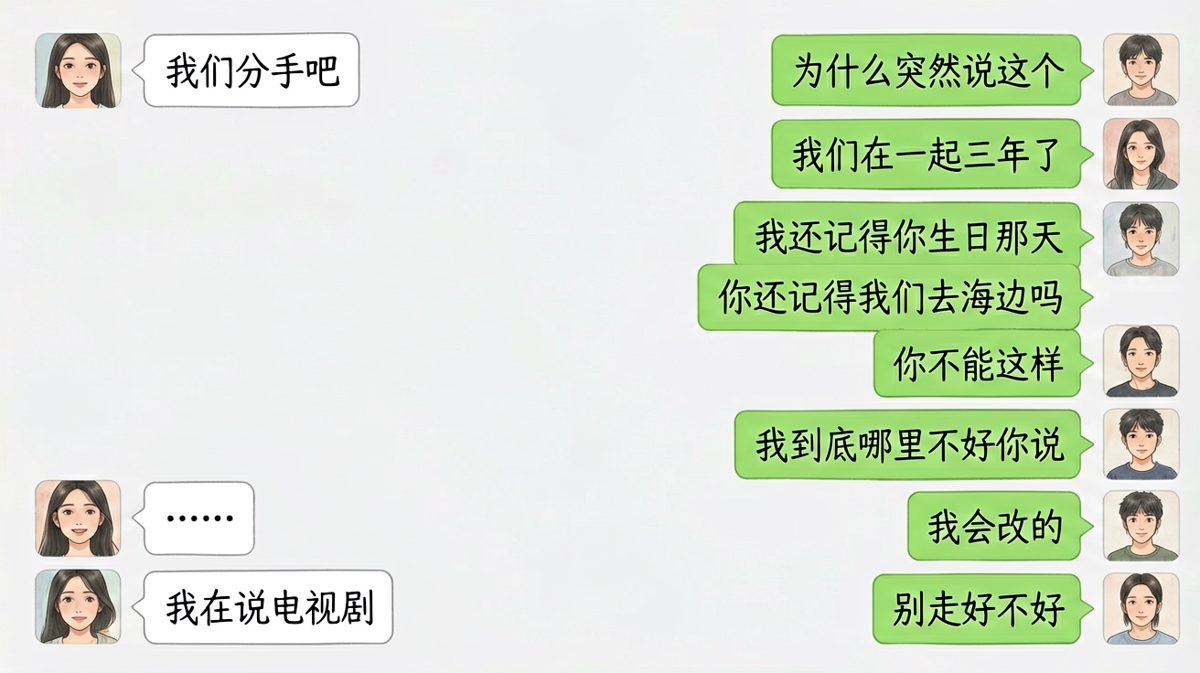 一句'我们分手吧'把男生吓得长篇告白，结果她只是在聊剧