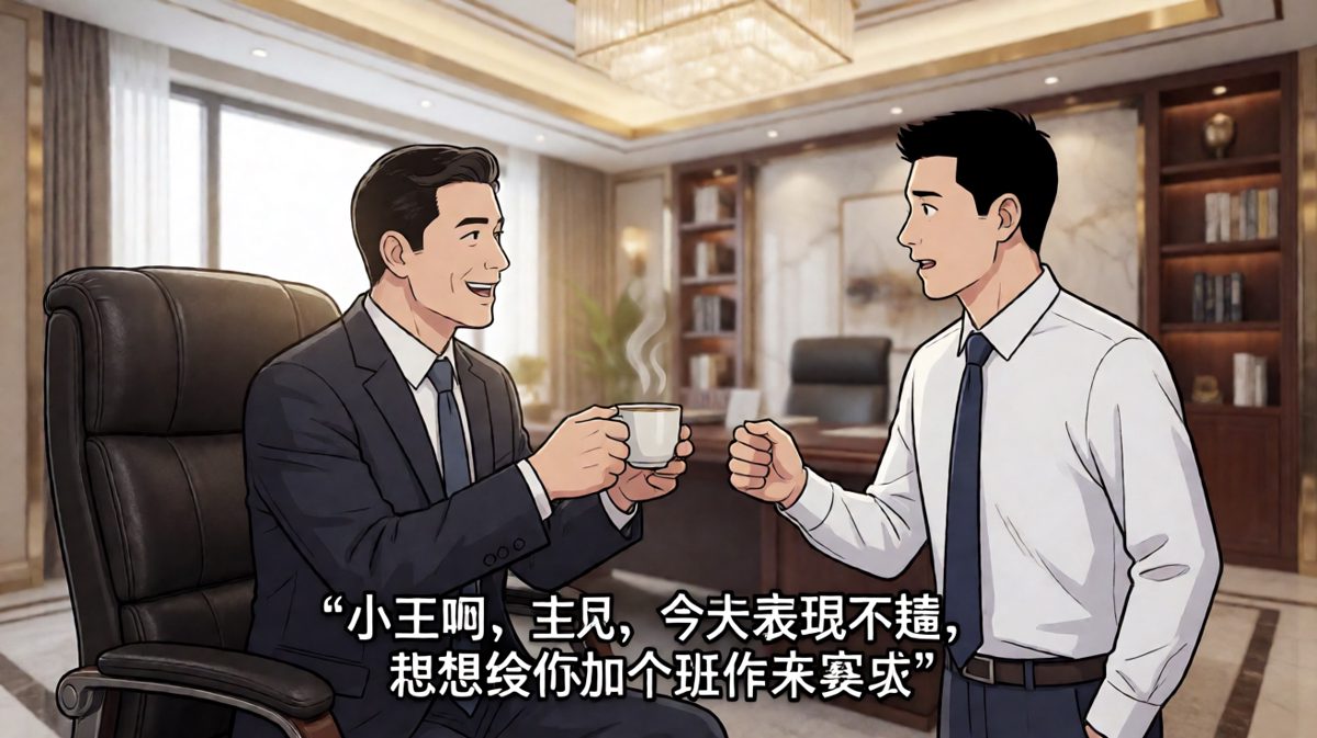 老板：'加班是给你的奖励'，员工：'谢谢老板！'