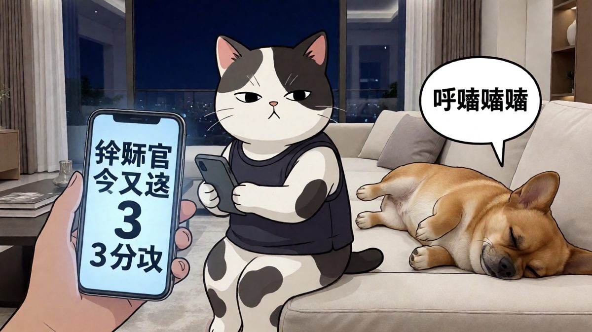 猫在看手机，狗在梦里追骨头。