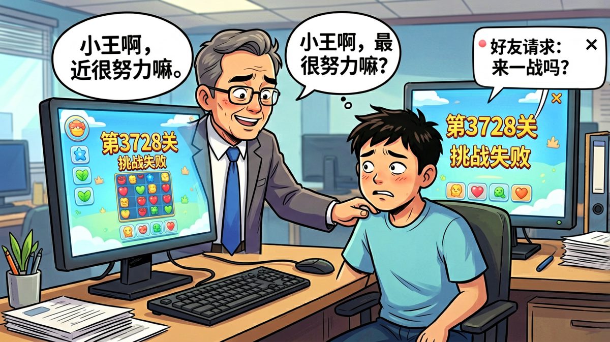 经理表扬完刚转身，屏幕亮起暴露游戏界面，彻底社死