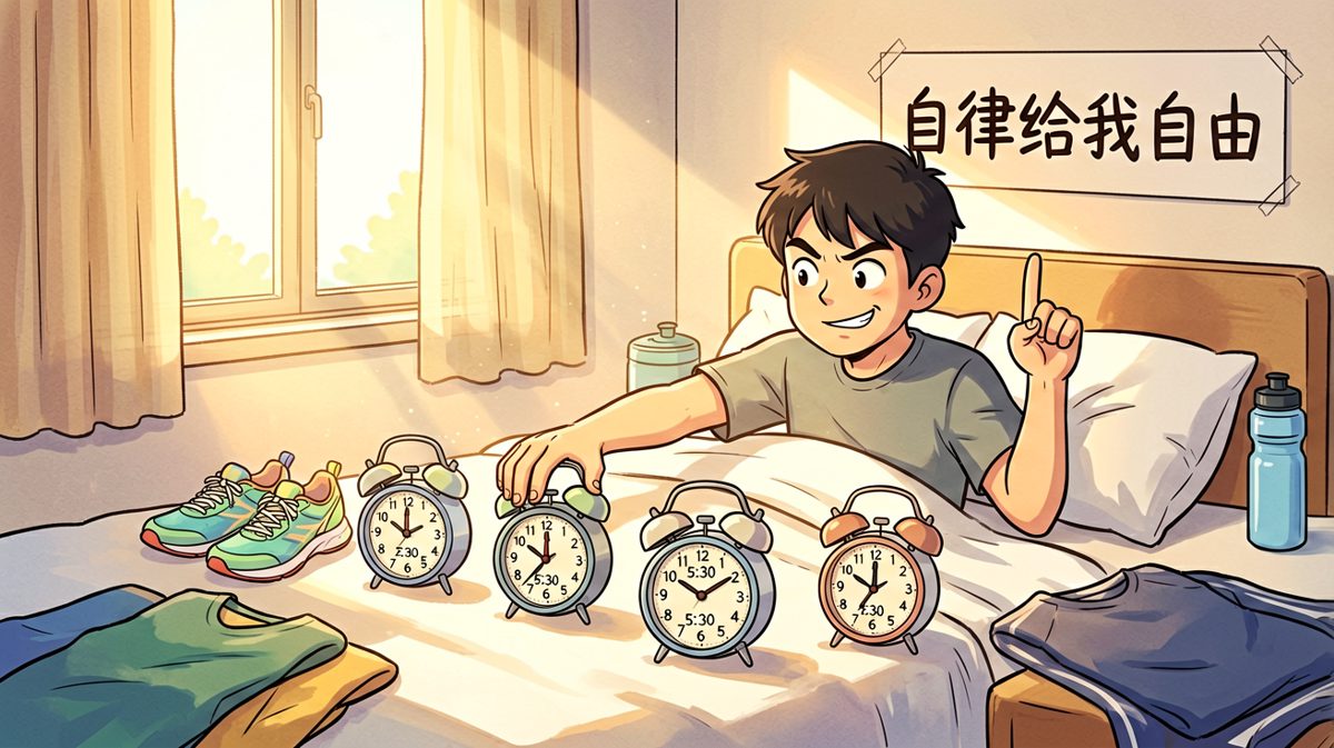 第1格：雄心勃勃设定五个闹钟，准备开启完美早晨。