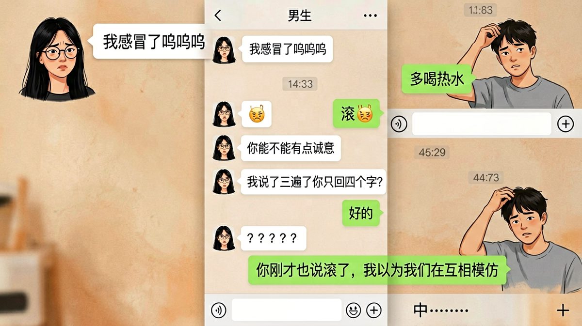 女生抱怨感冒，男生只会「多喝热水」，最后用逻辑反杀让女生输入到放弃