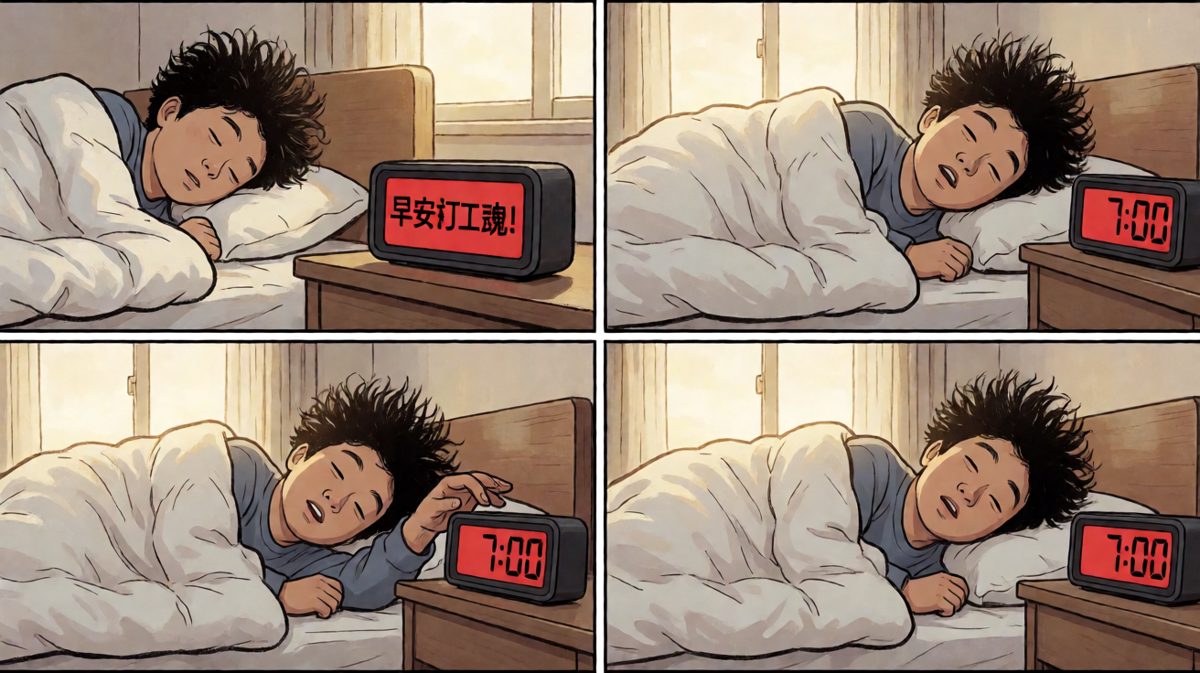 闹钟准时响起，阿强痛苦挣扎