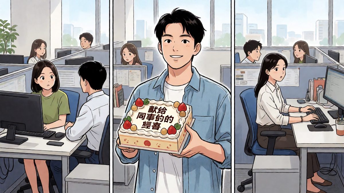 主角捧着蛋糕走进办公室，一脸得意地说要给同事惊喜。