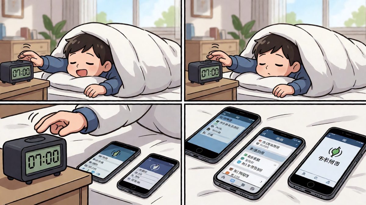 闹钟响起，果断按掉继续睡