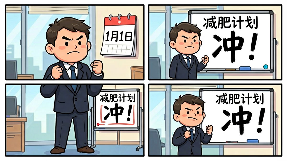 主人公雄心壮志，发誓新年一定要减肥成功！