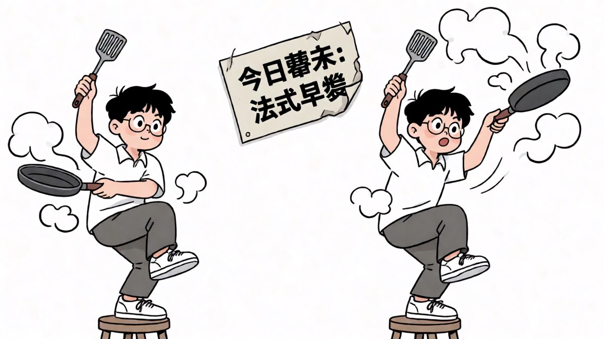 煎蛋变成煎糊，油烟四溅，场面一度失控。