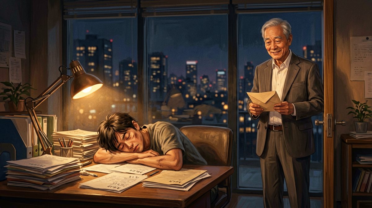 员工加班到睡着……老板悄悄放下一封信，第二天员工打开：恭喜你被裁员了——但这是年终奖支票，恭喜你也拿了三万块。