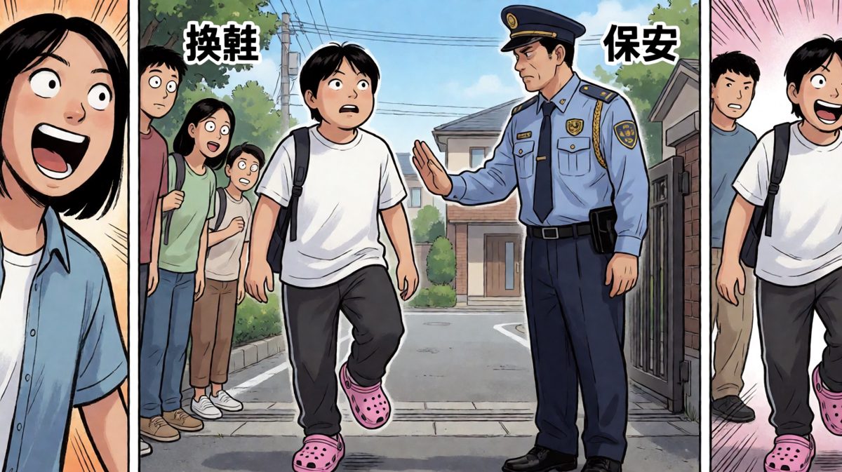 保安大哥：拖鞋跑步，这不符合规定。
