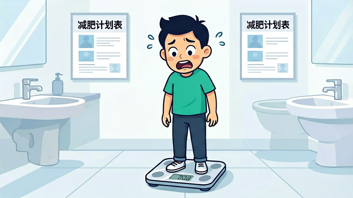 看着体重秤上的数字，主角内心崩溃。