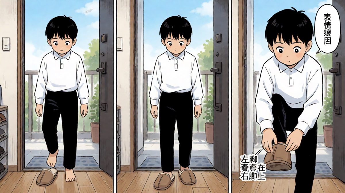 拖鞋穿反了，但时间不允许回头