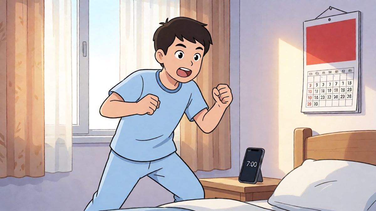 闹钟响起，小明精神抖擞地弹起床