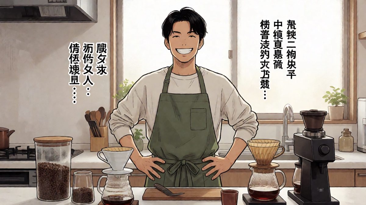 主角信心满满地展示他的咖啡装备，准备大显身手。