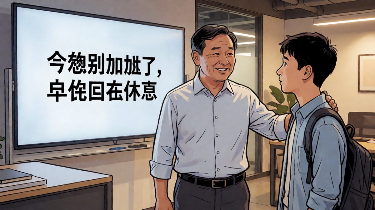 老板温情鼓励'早点回去休息'，结果屏幕显示'明天早上八点开会'。
