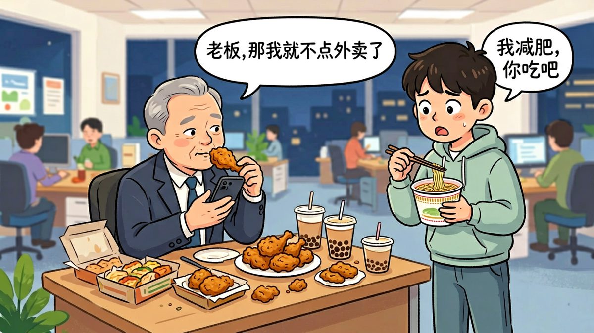 员工好心问老板要不要一起吃夜宵，老板嘴上说减肥让你吃，结果满桌全是自己的。