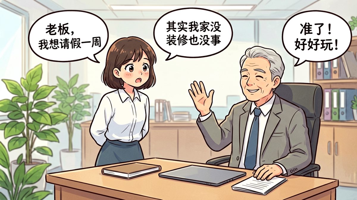 员工以家里装修为由请假，老板秒批还热情鼓励去玩，结果员工根本没装修只是想偷懒。