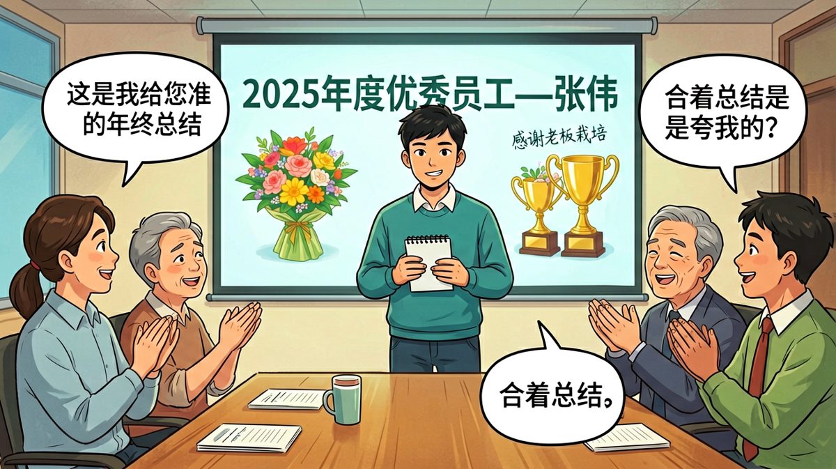 员工做年终总结PPT，结果整页都在夸老板，老板被迫当主角，笑容逐渐尴尬。