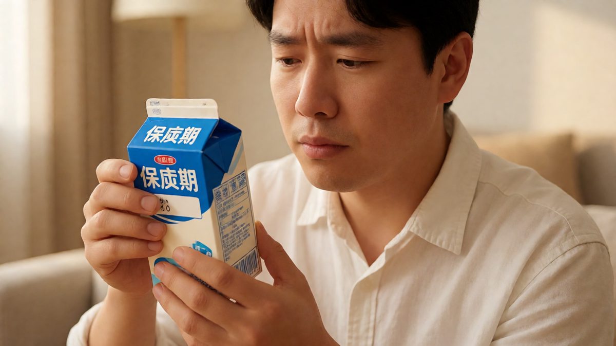 主角仔细查看牛奶的保质期