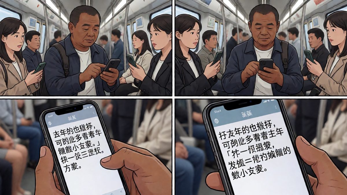 第三格：老张手忙脚乱想补救，结果手抖着发成了「去年的也挺好」。