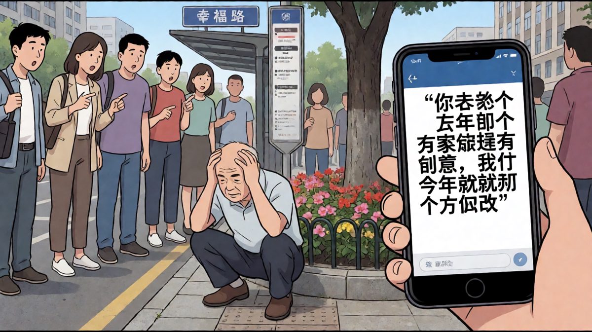 第四格：老板最后补刀，「按去年的方向改」，老张彻底崩溃蹲在路边。