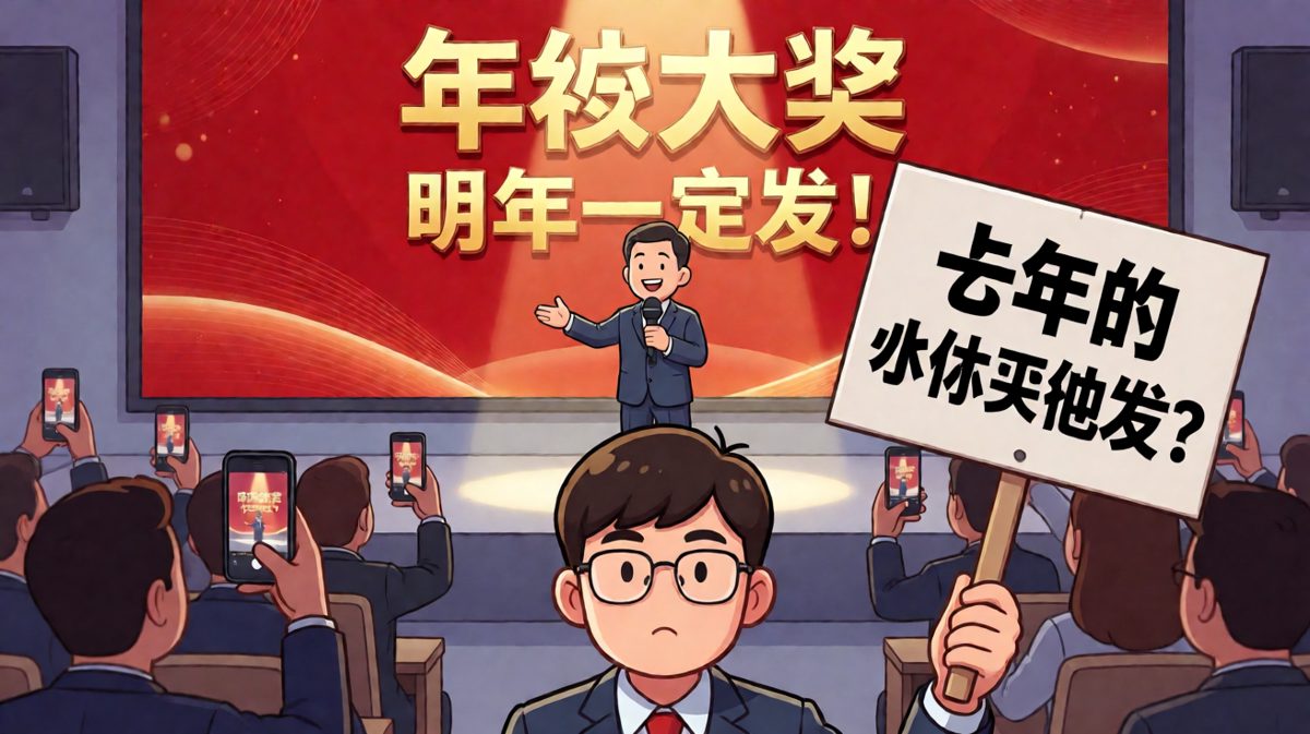 老板承诺明年一定发奖金，实习生当场举起牌子追问去年的。