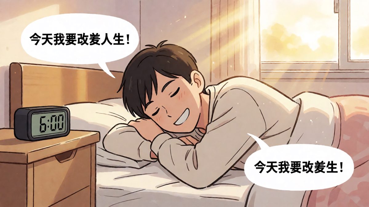 主人公雄心壮志地闹钟一响就决心晨跑