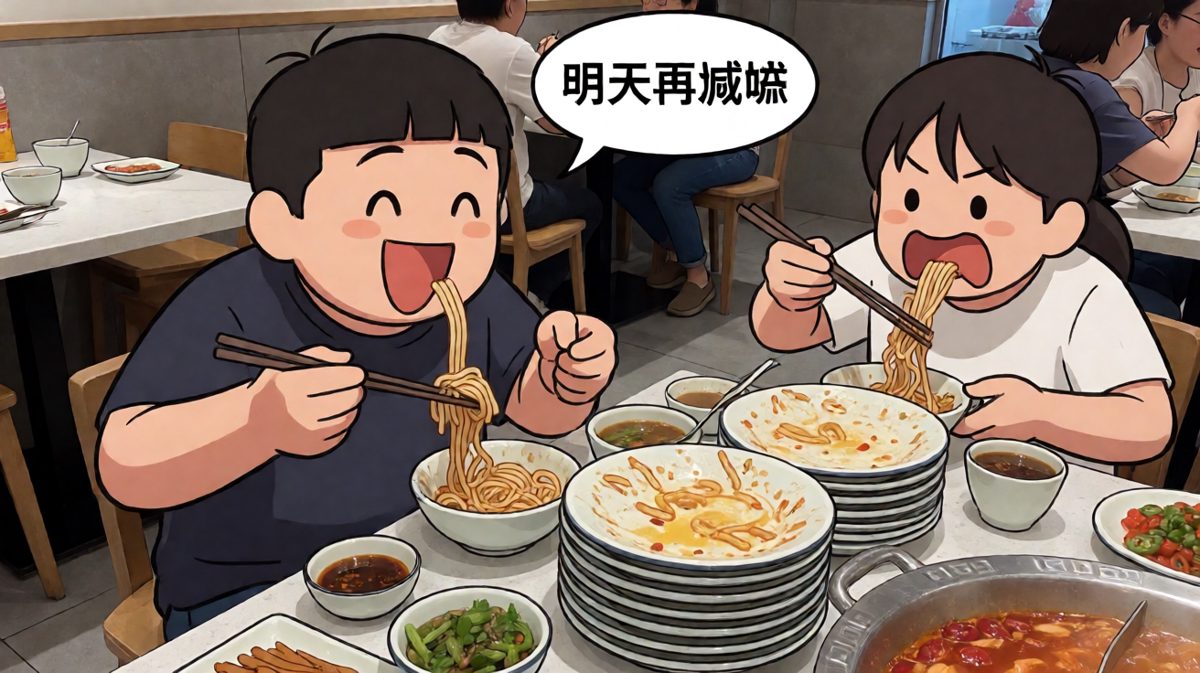 边吃边安慰自己明天再减